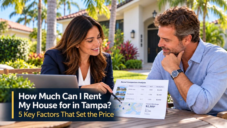 Property manager and homeowner reviewing rental comparables to determine rent for a Tampa house